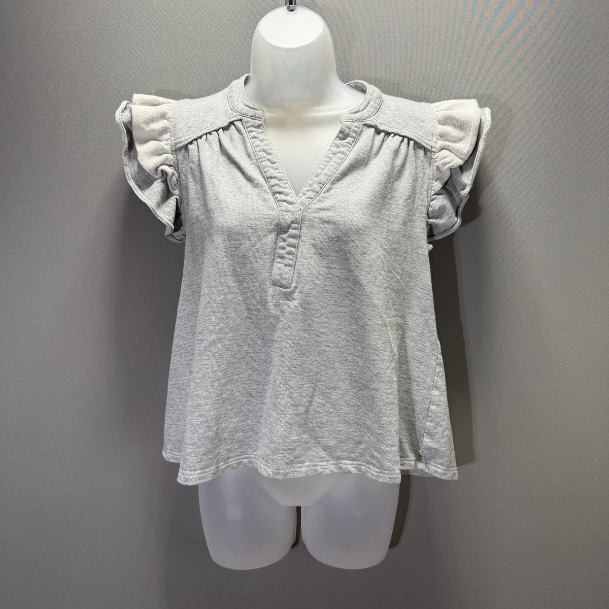 Umgee Women’s XS Gray Ruffle Sleeve Blouse Split Neck Casual Top