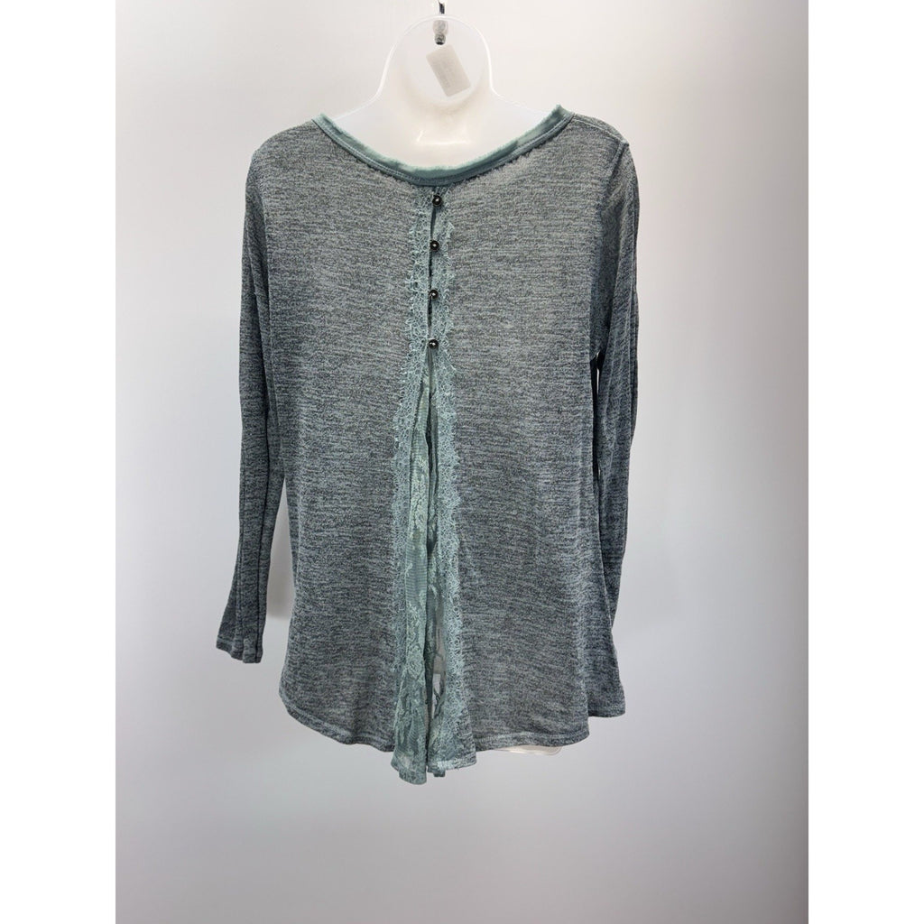 Xhilaration Womens L Gray with White Lace Trim Long Sleeve Shirt Blouse