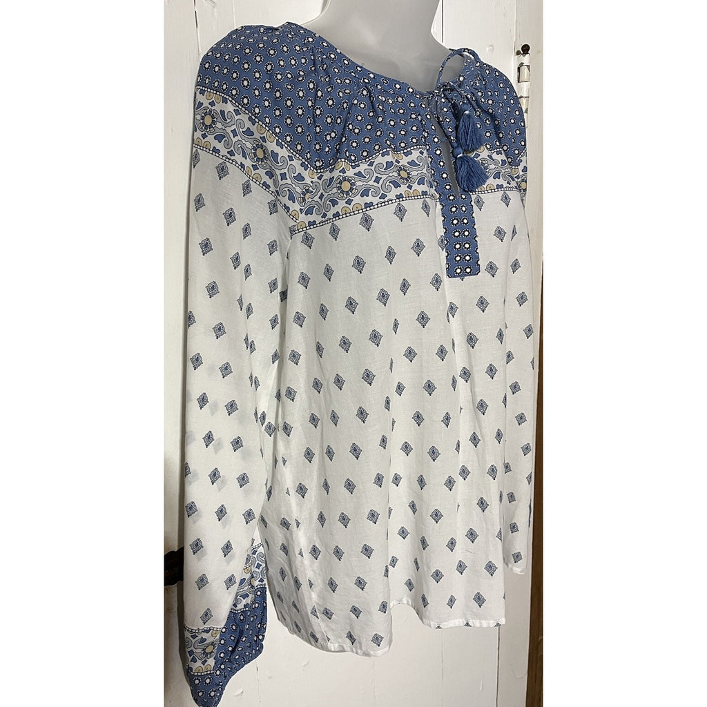 NAUTICA Women's Bright White Printed Split Tie-Neck Long-Sleeve Top Medium