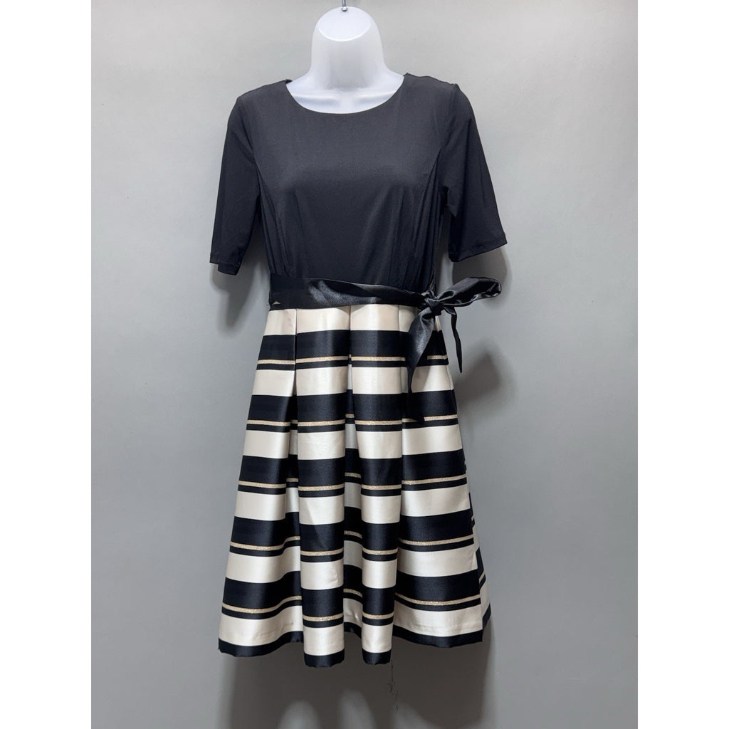 R&K Originals Black Gold & Ivory Tie Waist Dress with a Pleated Skirt New 4P