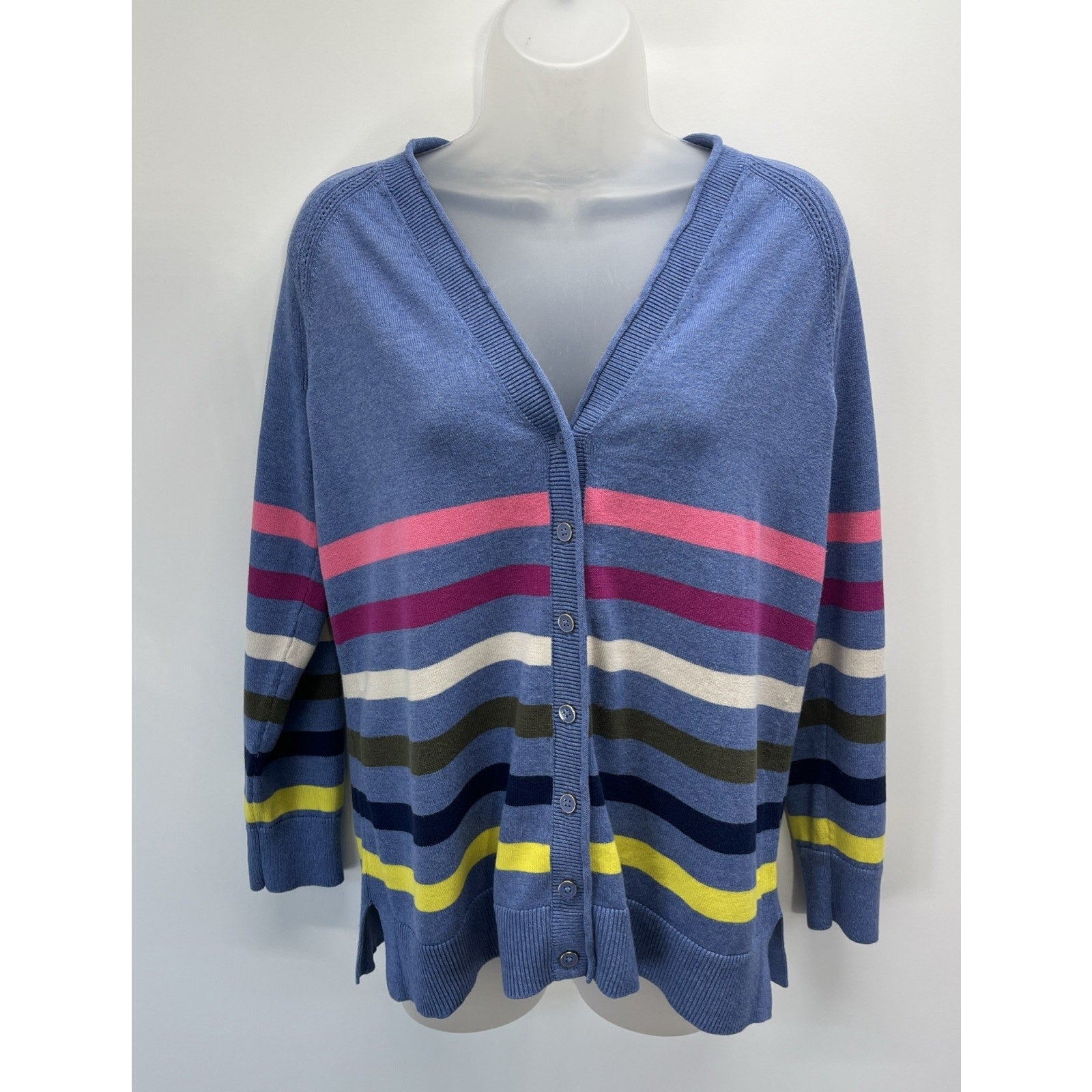 Talbots Girlfriend Cardigan Colorful Stripe Women’s M Petite Periwinkle Blue