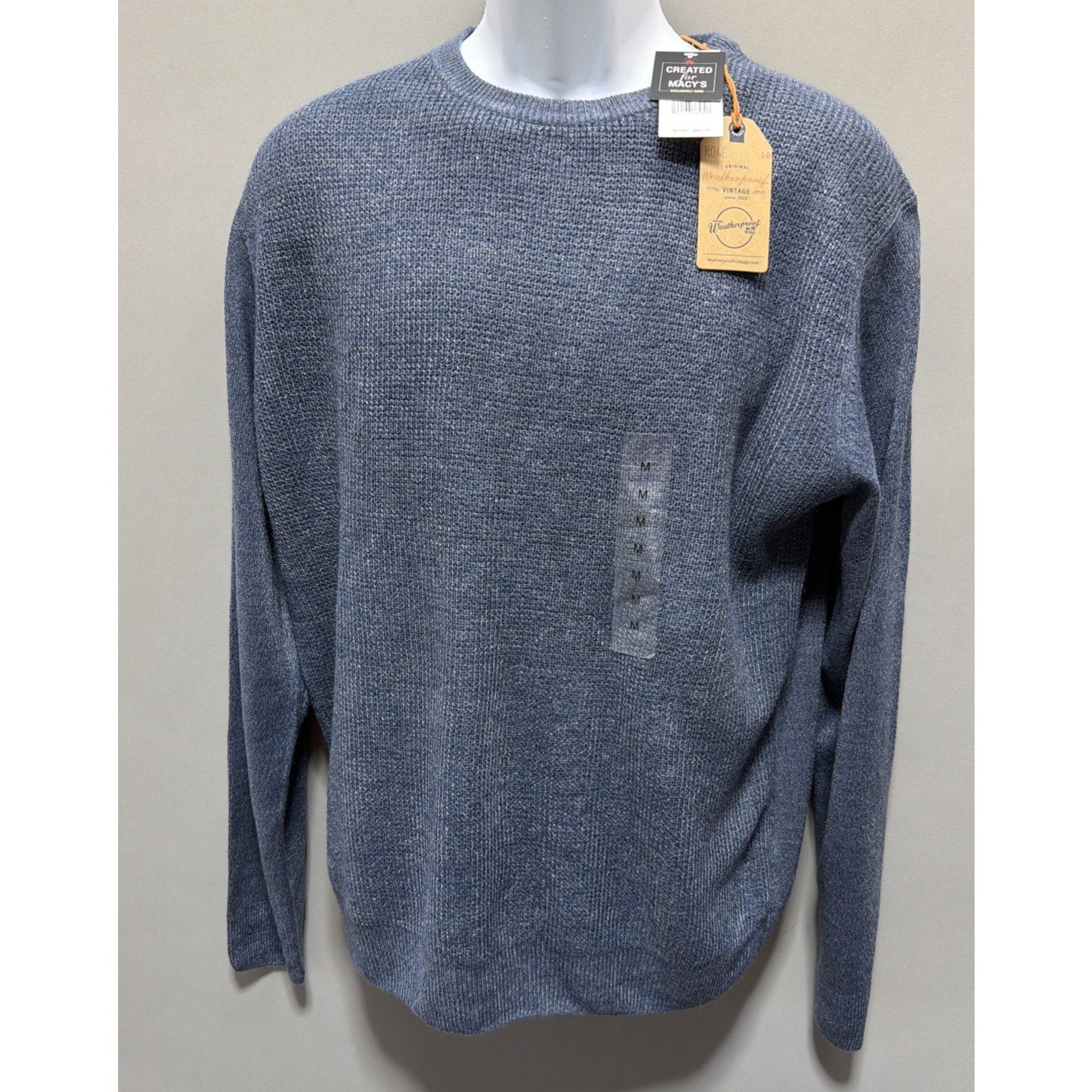 New Weatherproof Men's Medium Denim Blue Waffle Knit Crewneck Sweater