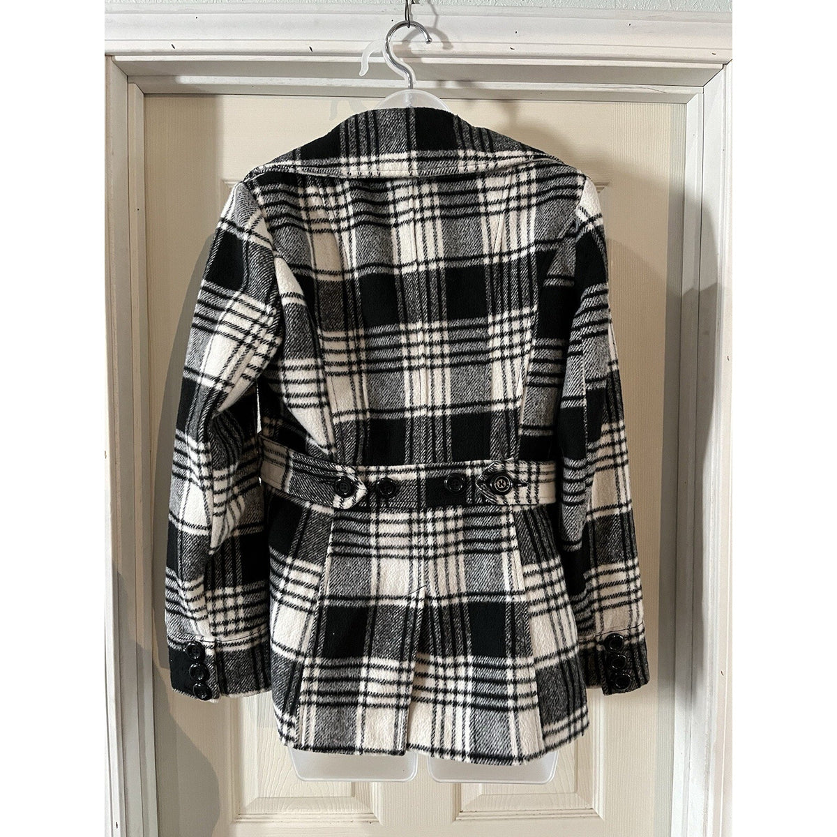 George Plaid Peacoat Size Small Black White Pockets Buttons