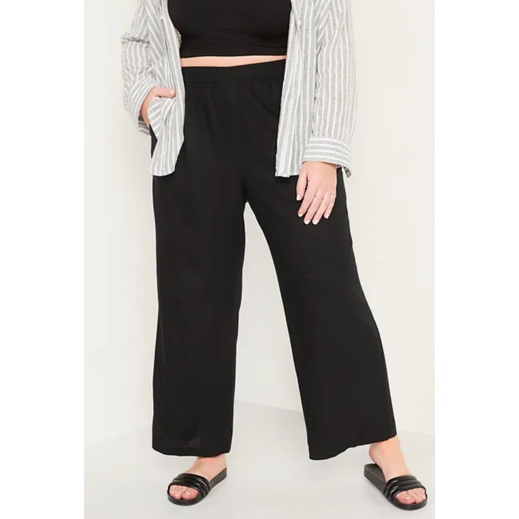 New Old Navy High R Wide Leg Pants Womens XL Black Linen Blend Comfort Waistband