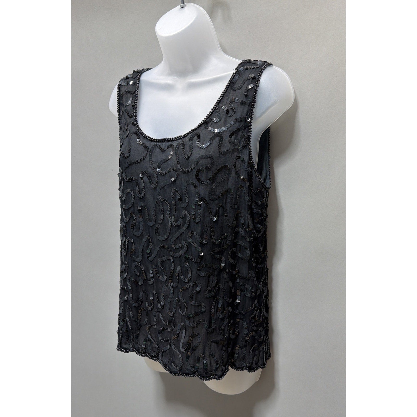 Vintage LORD & TAYLOR Sequin Black Beaded Top Sequins Pearls Silk Blouse Sz S