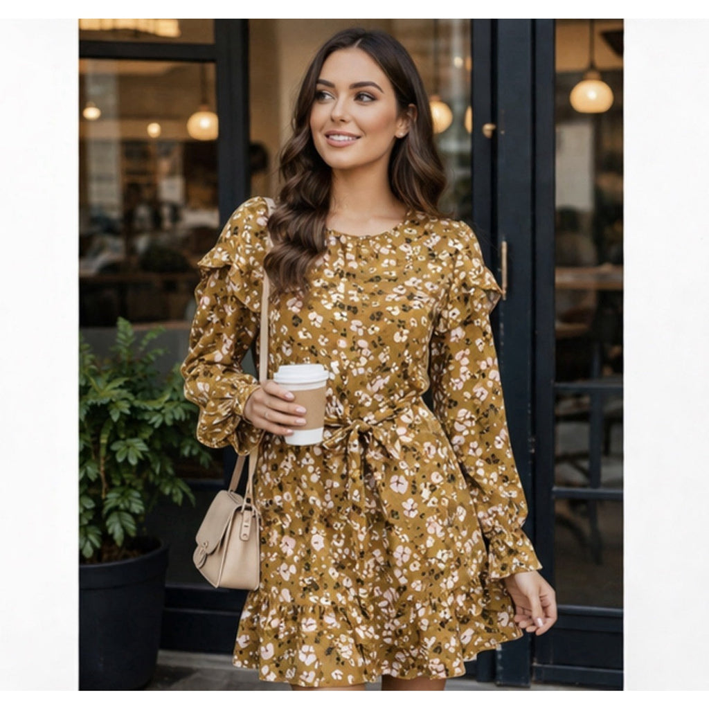 NWT Who What Wear Dress M Mustard Floral Ruffle Long Sleeve Tie Waist Boho Mini