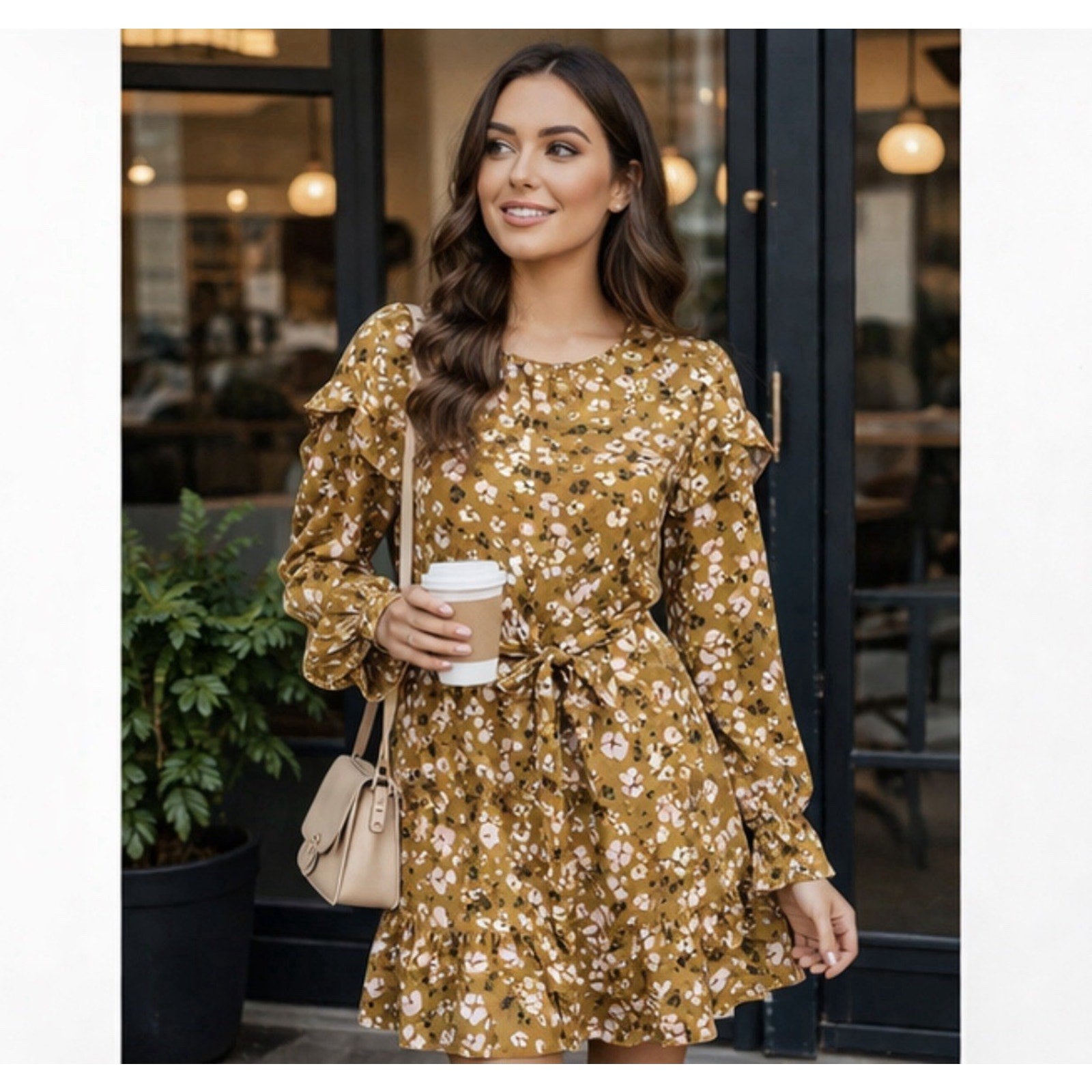 NWT Who What Wear Dress M Mustard Floral Ruffle Long Sleeve Tie Waist Boho Mini