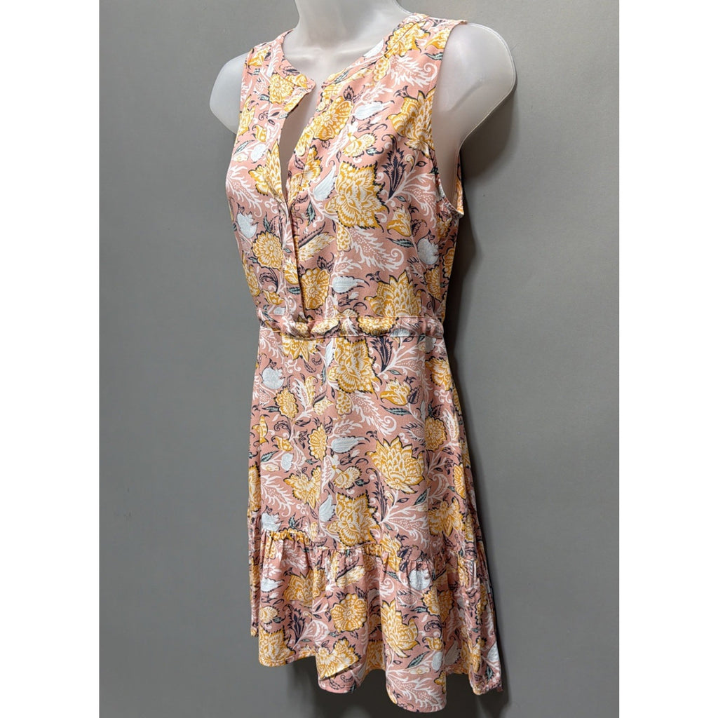 LOFT Floral Sleeveless Dress Small Pink Boho Ruffle Hem Button Front Summer