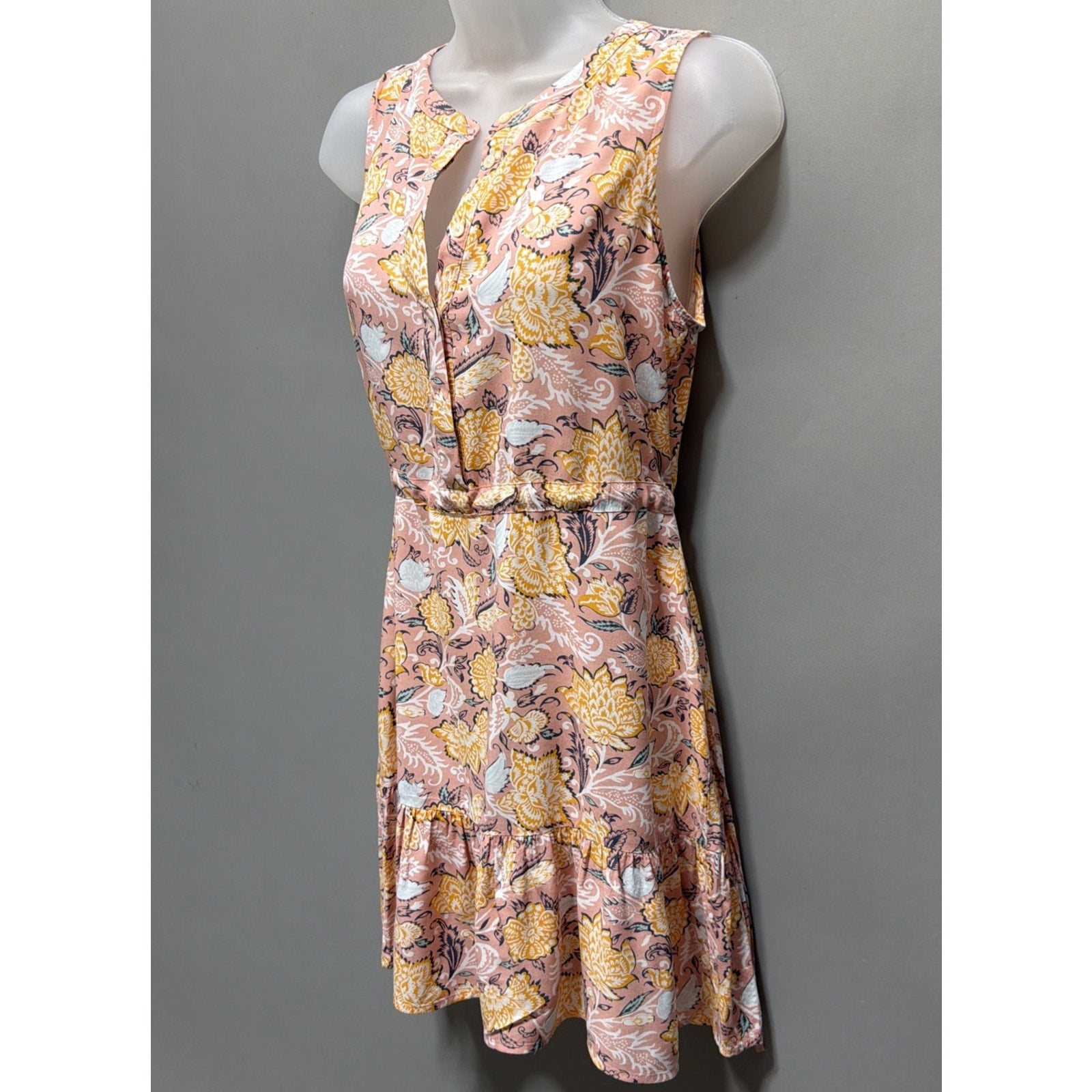 LOFT Floral Sleeveless Dress Small Pink Boho Ruffle Hem Button Front Summer