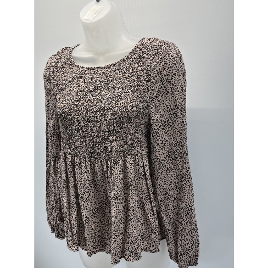 Urban Romantics Blouse Women Large Cream Black Dotted Smock Long Sleeve Peplum