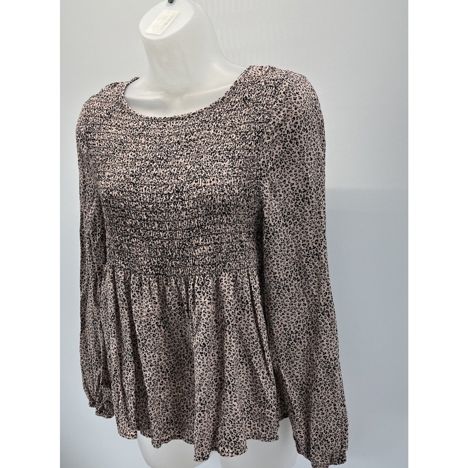 Urban Romantics Blouse Women Large Cream Black Dotted Smock Long Sleeve Peplum