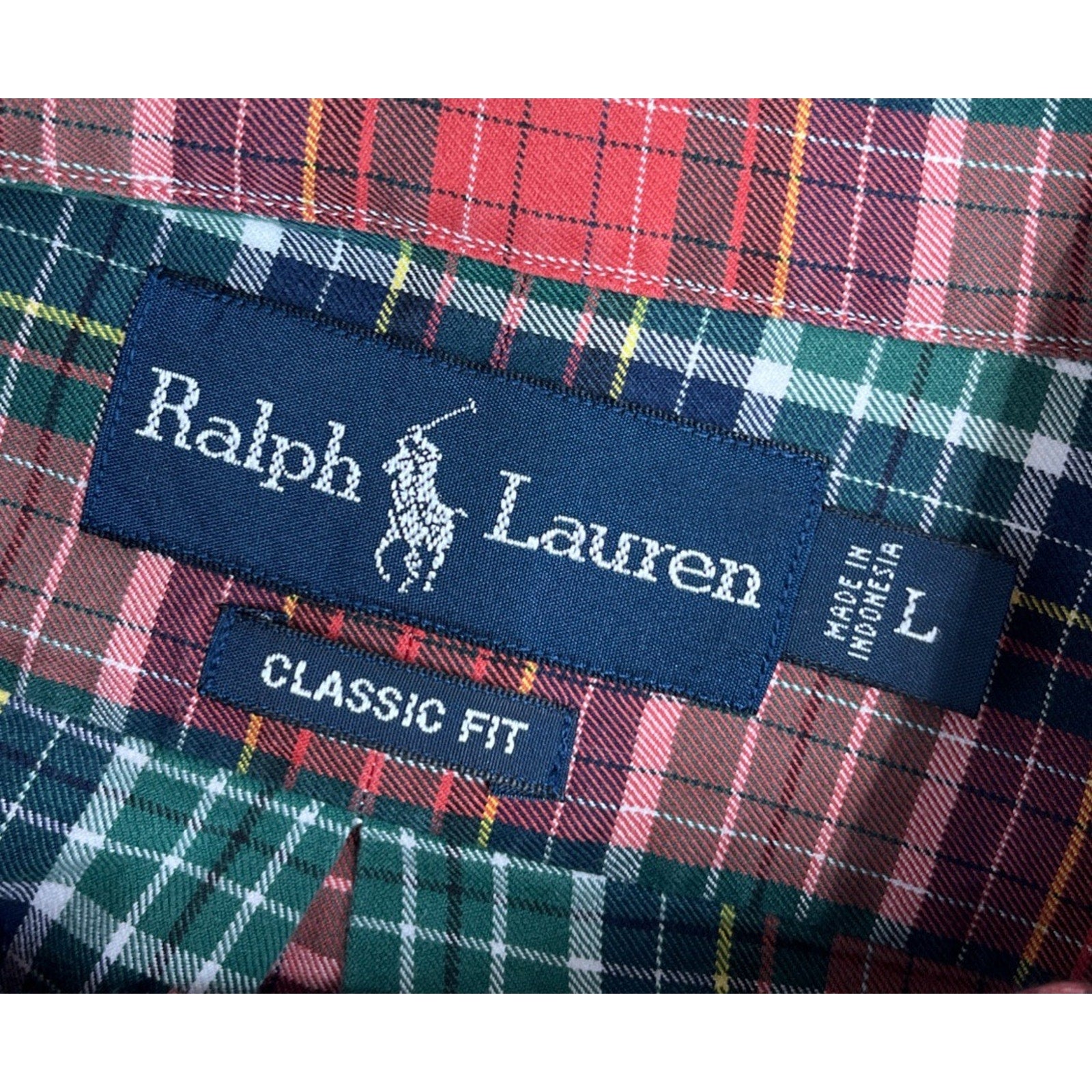 VINTAGE Ralph Lauren Men Button Up Shirt L Green Tartan Plaid Logo Classic Fit