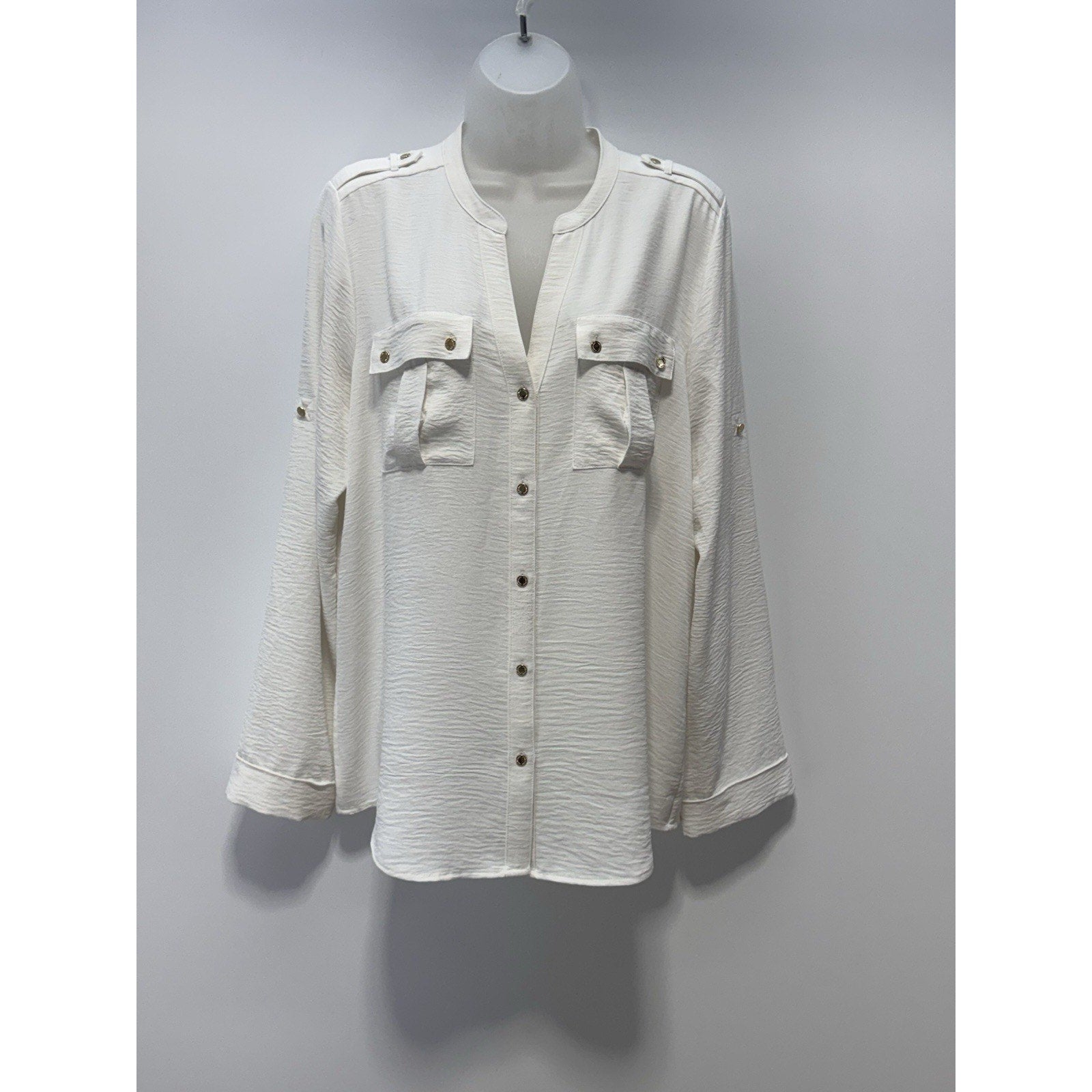 CALVIN KLEIN Ivory Button Down Blouse Pockets Crinkled Polyester Women’s Size L