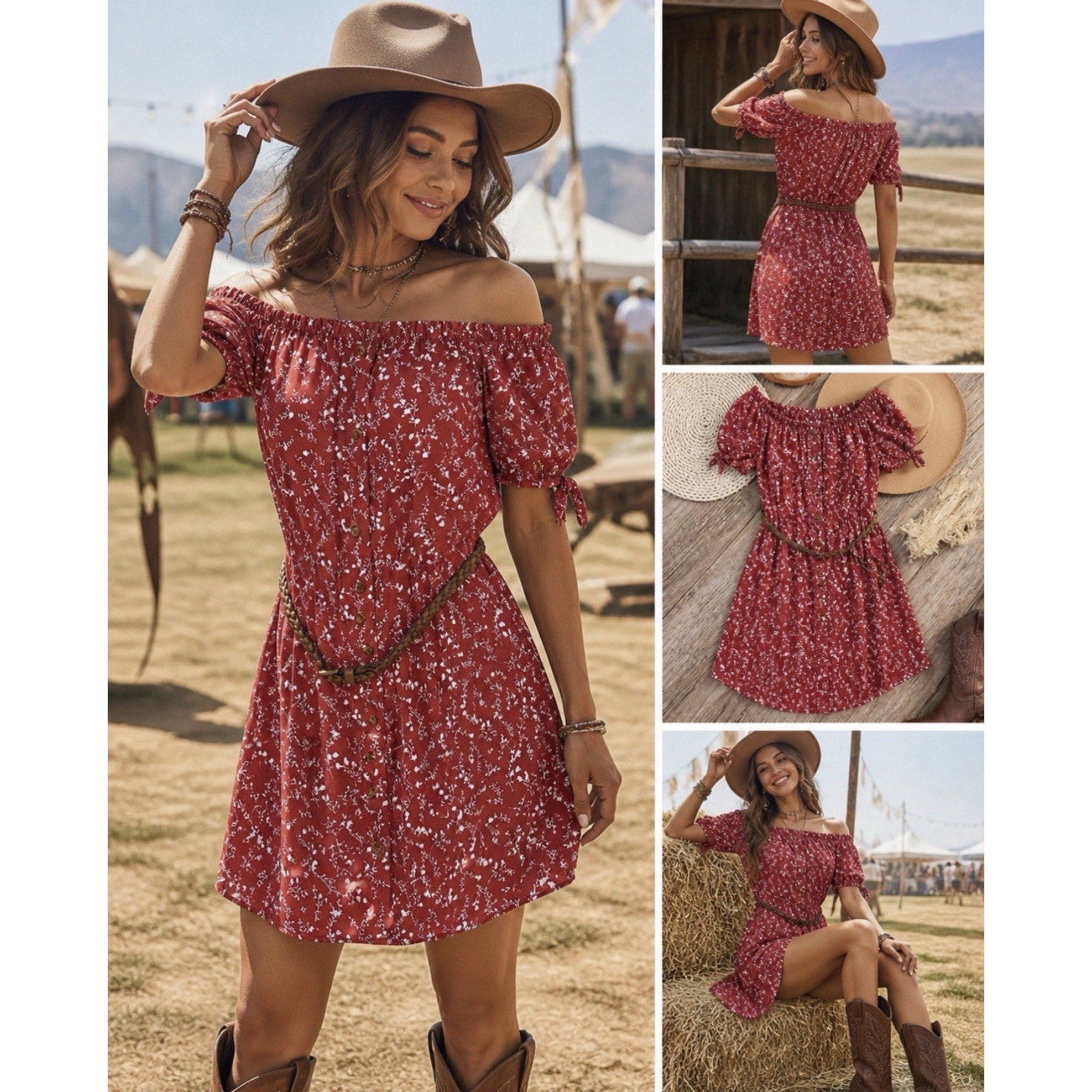 Rue21 Floral Off Shoulder Dress Small NWT Cottagecore Milkmaid Boho Belted Red