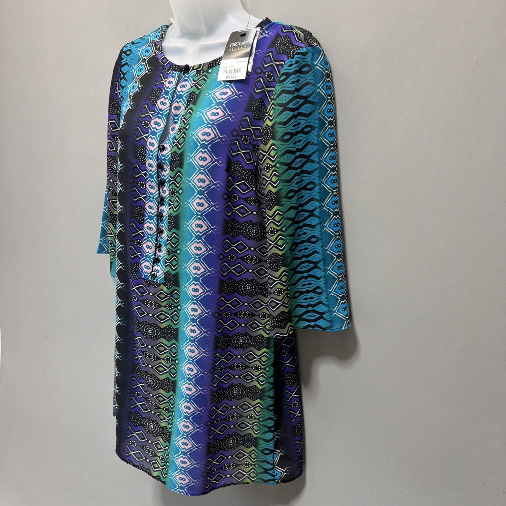 Nicole Miller Blouse Womens Small Tunic Geometric Keyhole Neckline 3/4 Sleeve