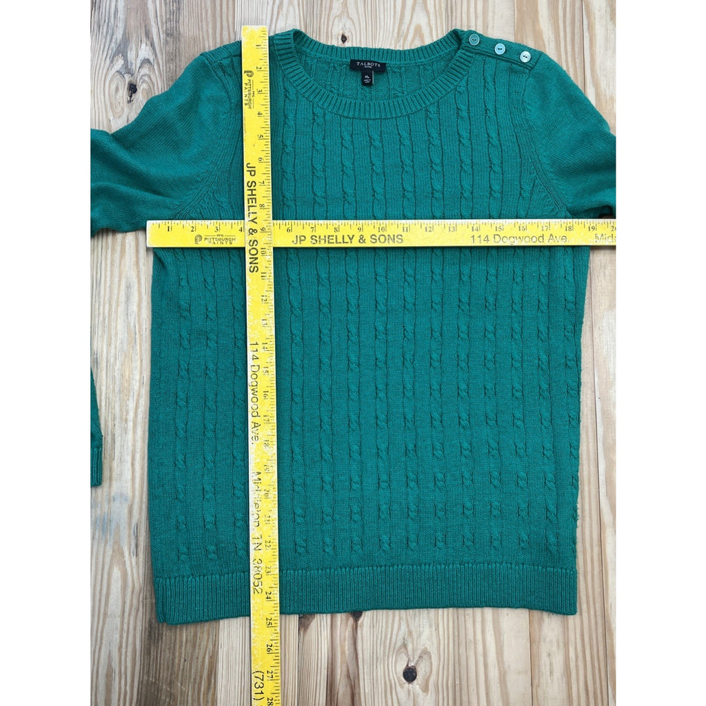 Talbots Petites Sz MP Green Long Sleeve Pullover Round Neck Cable Knit Sweater