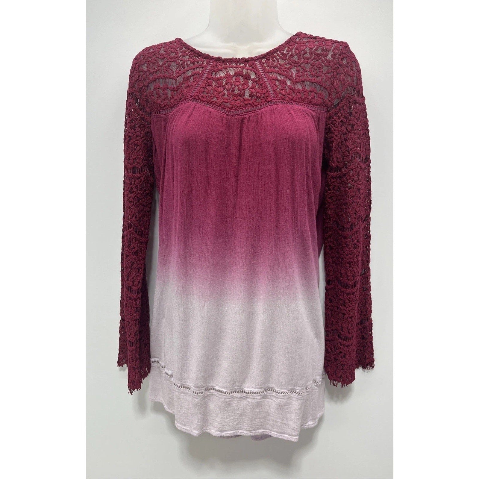Umgee Sz S Top Tunic Bell Sleeve Pink Ombre Boho Shirt Lace