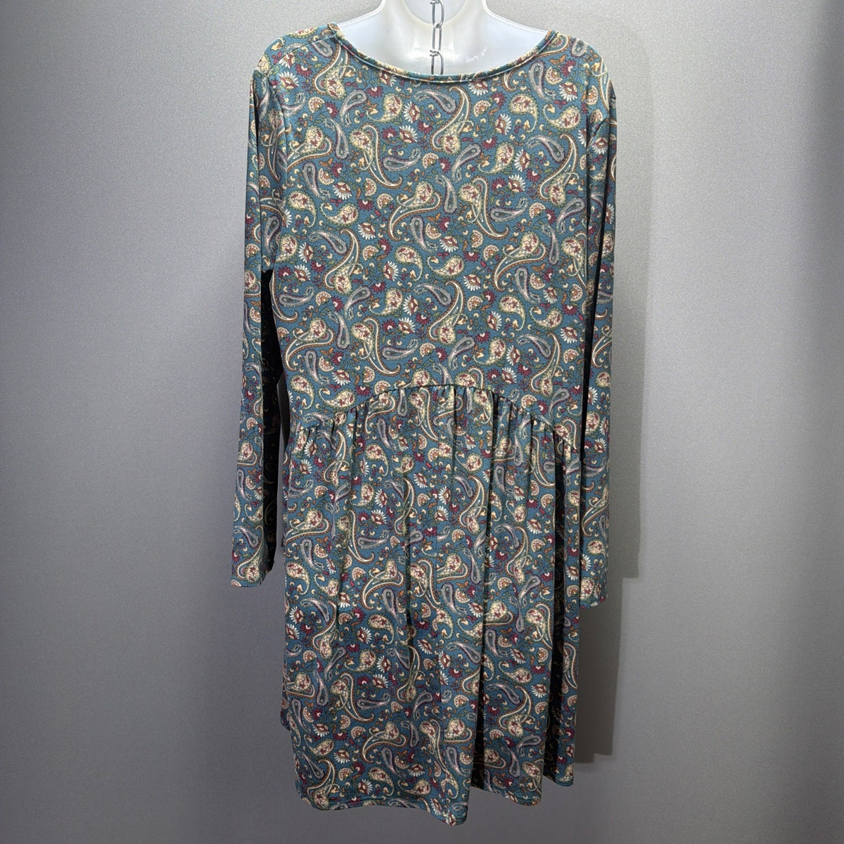 BOMBOM XL Blue Paisley Floral Long Sleeve Babydoll Swing Dress Boho USA