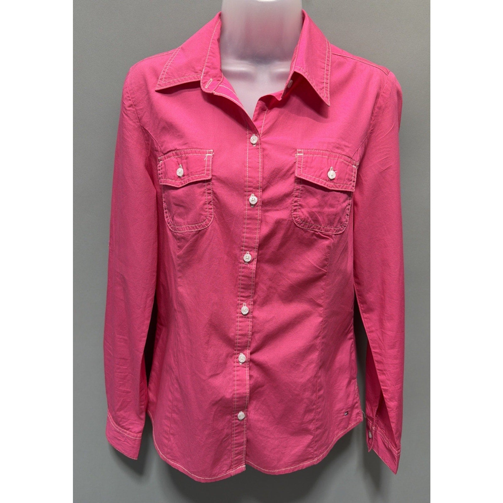 Tommy Hilfiger Ladies Pink Medium Long Sleeve Tab Roll Up Shirt