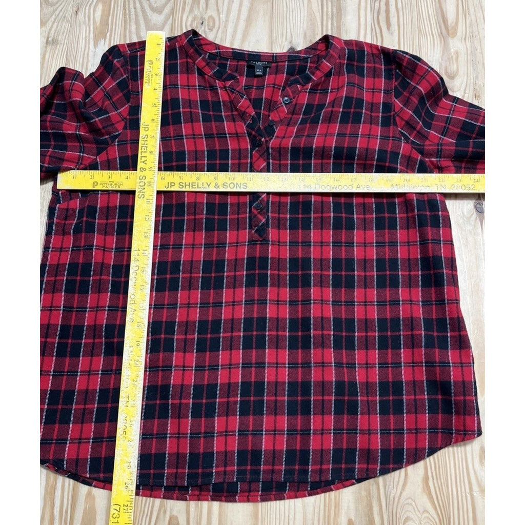 Talbots Button Plaid Classic Cotton band collar, Red/Black Size XL Petite