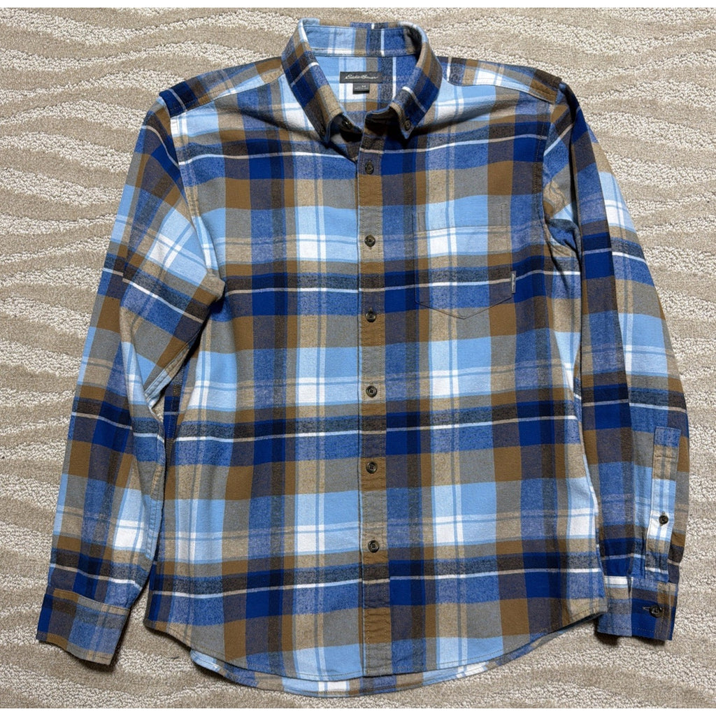 Eddie Bauer Mens M Blue Tan Plaid Flannel Shirt Button Down Long Sleeve Cotton