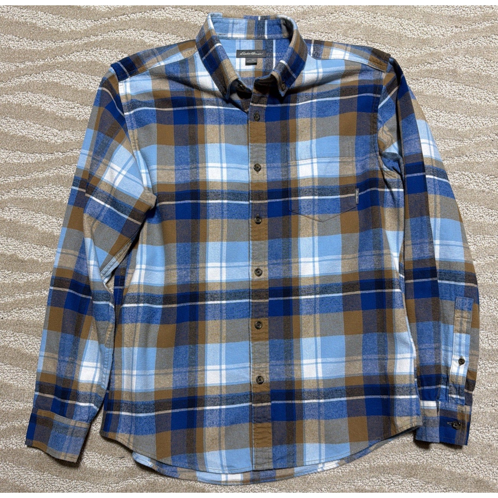 Eddie Bauer Mens M Blue Tan Plaid Flannel Shirt Button Down Long Sleeve Cotton