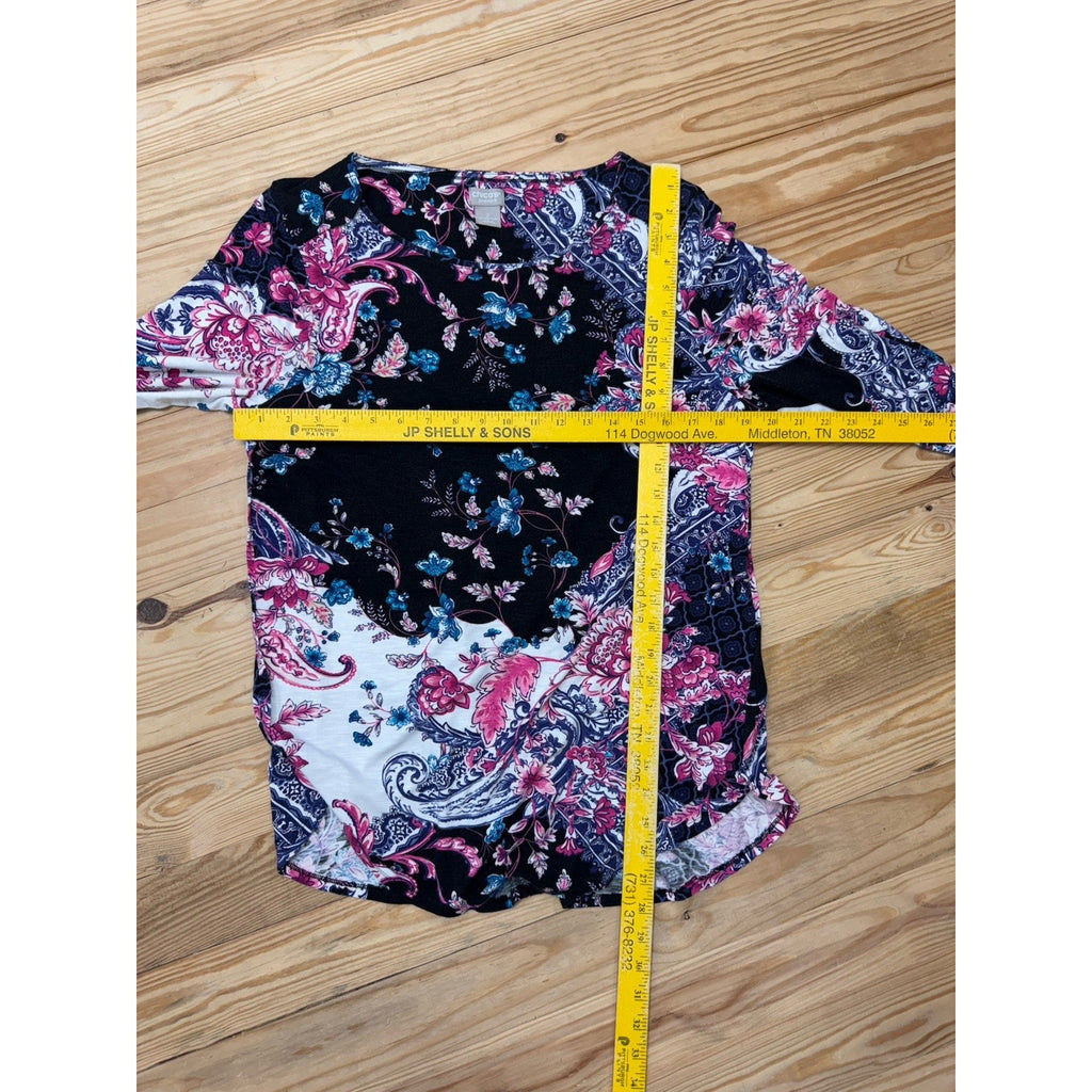 Chicos Zenergy Floral Top Stretch Tunic Long Sleeve Paisley Pink Black Women’s L