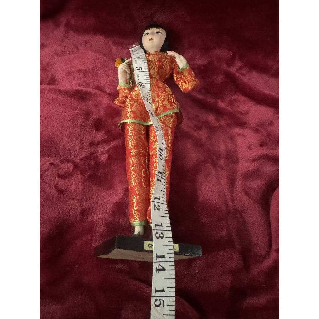 Vintage Taiwan Chinese Doll 14” Red Gold Brocade Folk Art Costume Stand
