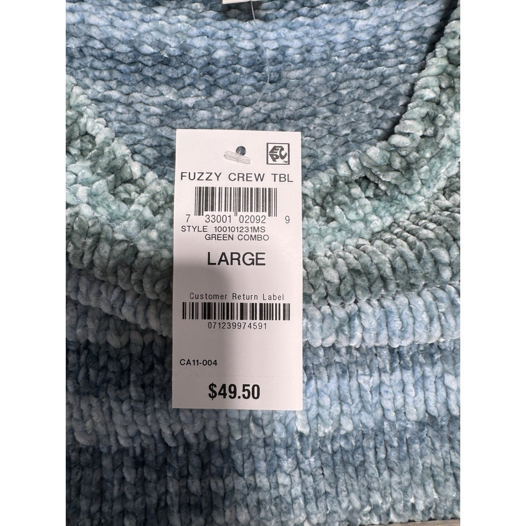 Style & Co Fuzzy Crew Sweater Womens Large Blue Green Striped Soft Plush Cozy