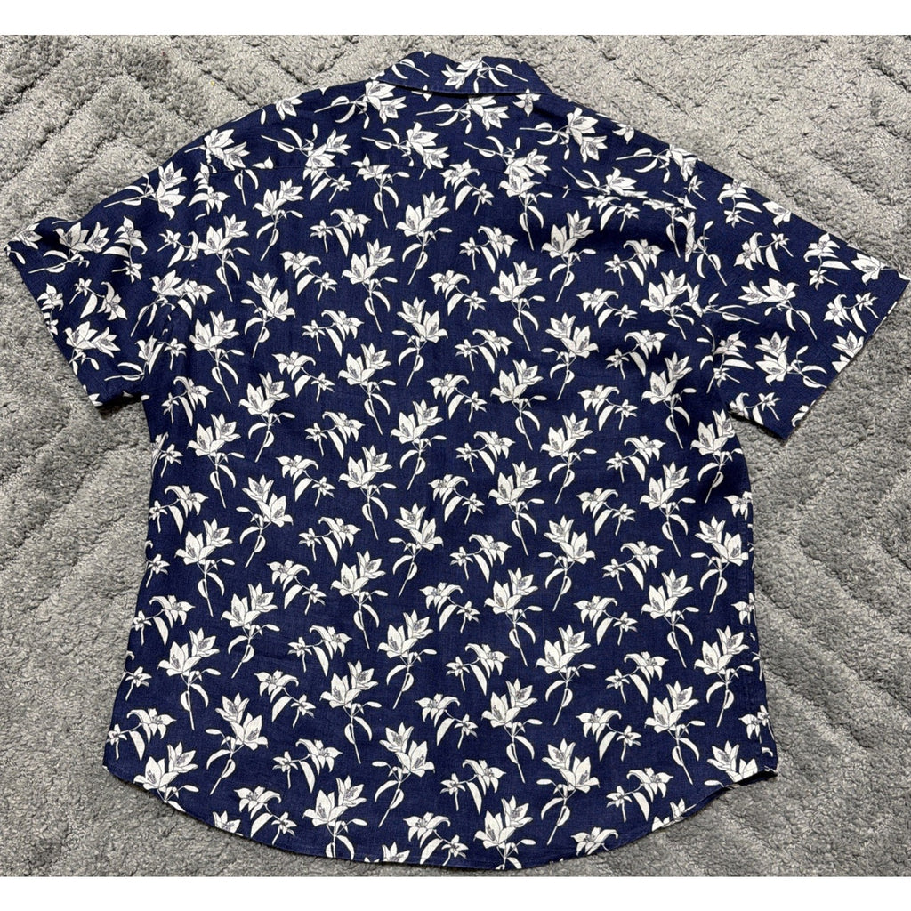 UNTUCKit Shirt Mens Large Blue Floral 100% Linen Short Sleeve Button Up