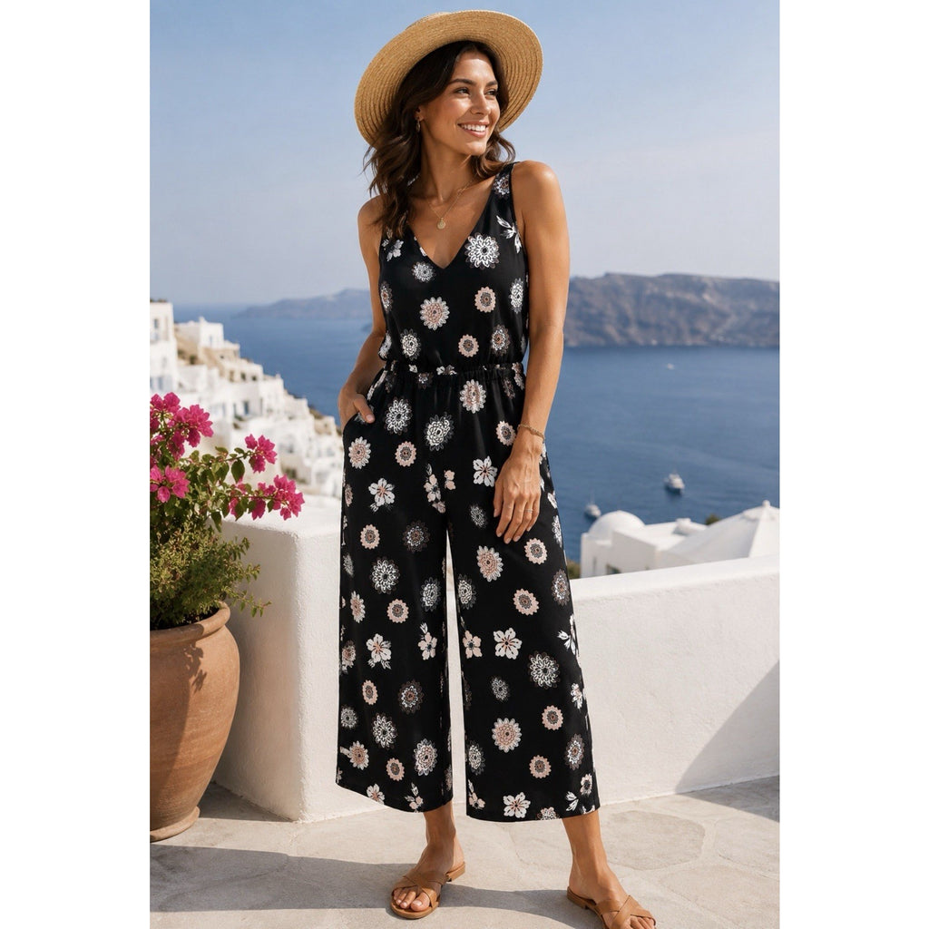 Ann Taylor Loft Black Floral Sleeveless Romper Jumpsuit Pockets Sz S Petite