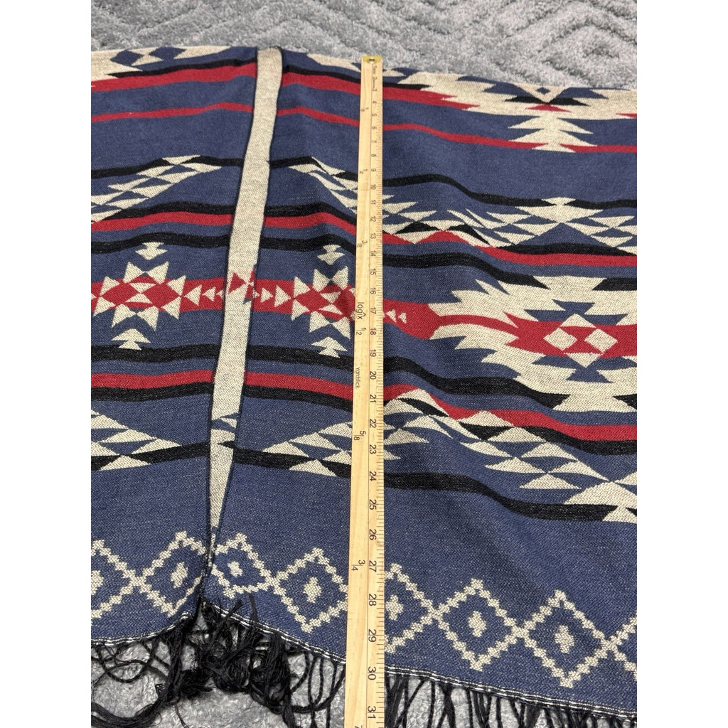 Aztec Southwestern Shawl Scarf Fringe Blue Red Geometric Poncho Cape Open Front