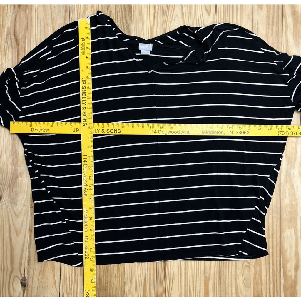 Chicos Black With White Stripe V Neck Relaxed Top Size 3 (XL) 3/4 Sleeves