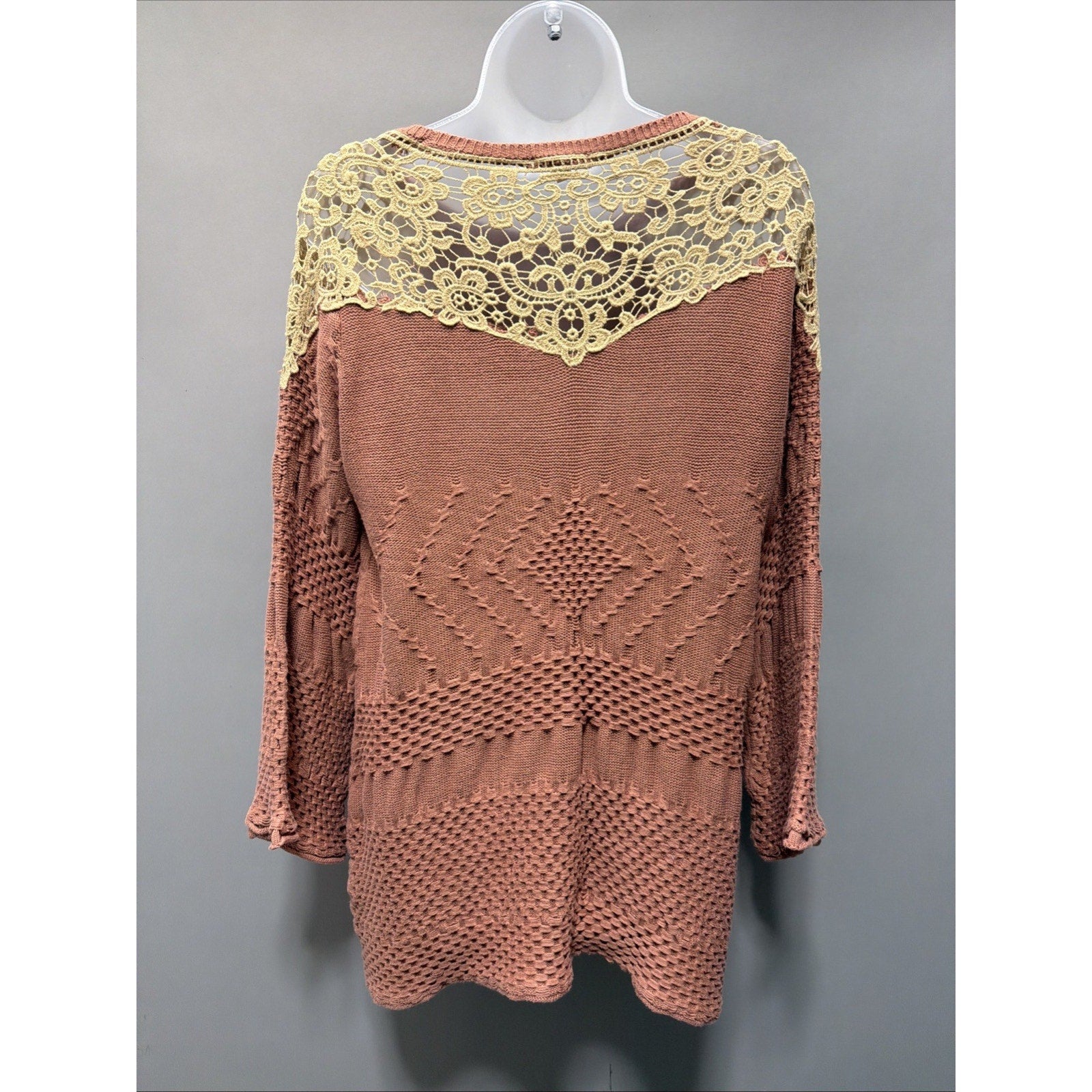 Anthropologie Easel Boho Textured knit Crochet Sweater Tunic Bell sleeves S/M