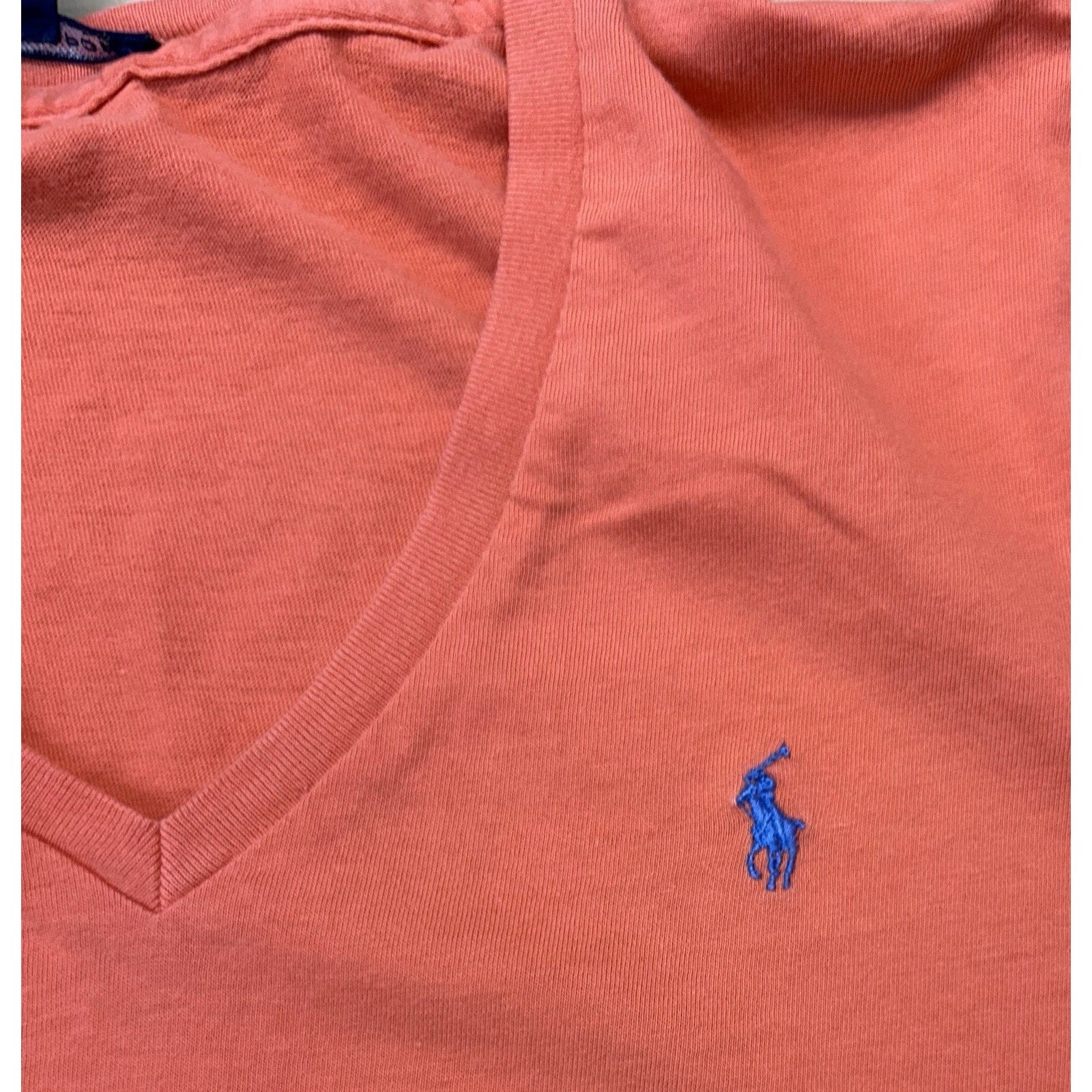 Ralph Lauren Sport Orange Blue Pony V-Neck T Shirt Short Sleeve Women’s Size M