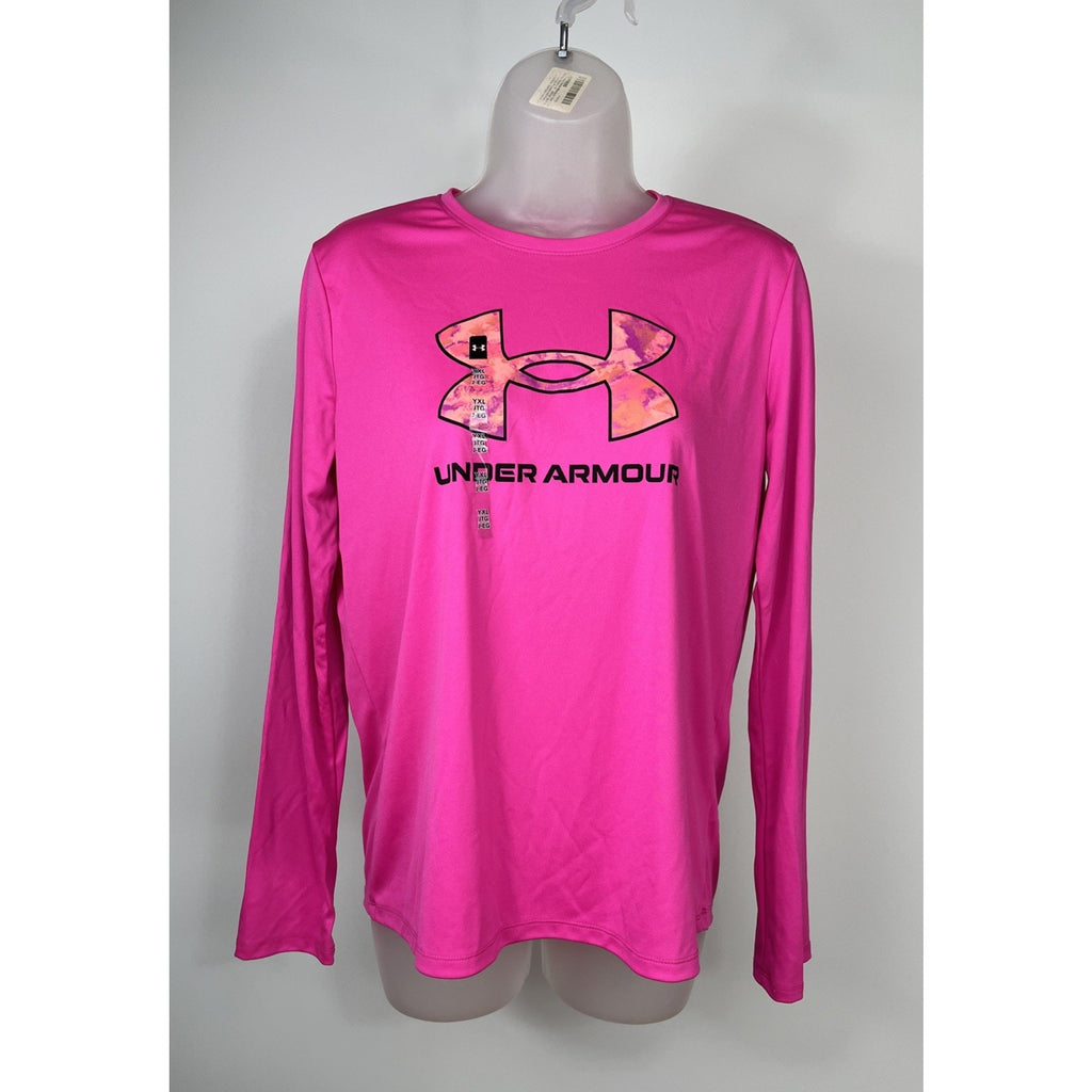 NWT Under Armour YXLG Girls Neon Pink/Black BIG LOGO L/S Shirt XLarge