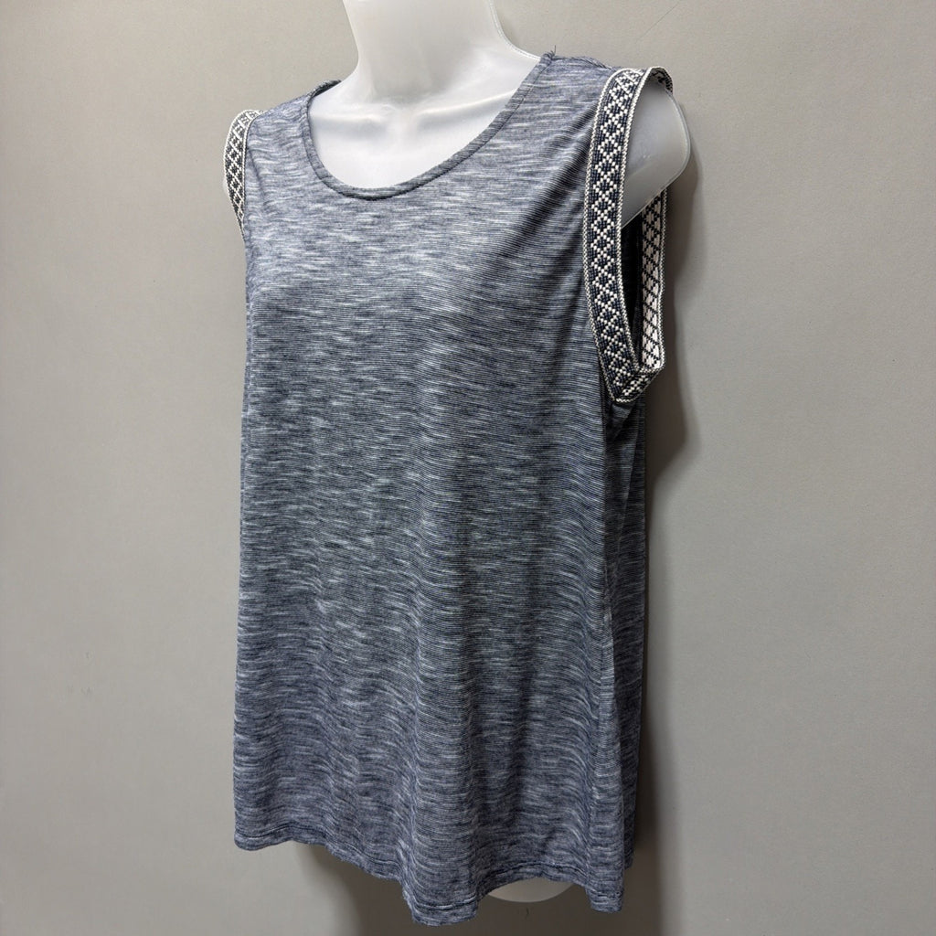 Anthropology W5 Womens Top Sz L Blue White Blouse Aztec Trimmed Arms