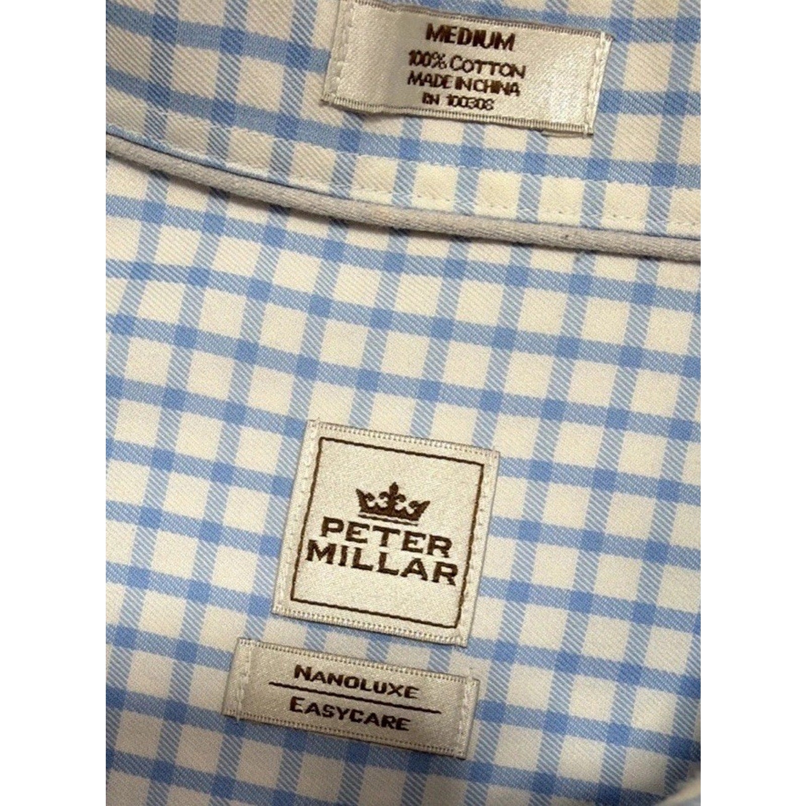 Peter Millar Nanoluxe Dress Shirt Men M Plaid Check Easy Care Cotton Long Sleeve