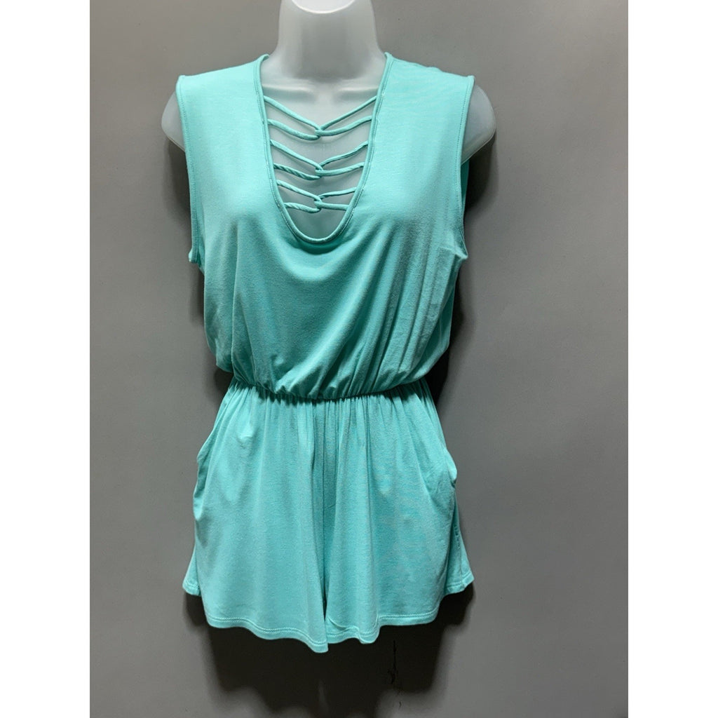Boutique Mint Green Romper Small Lace-Up Front Sleeveless Elastic Waist Soft