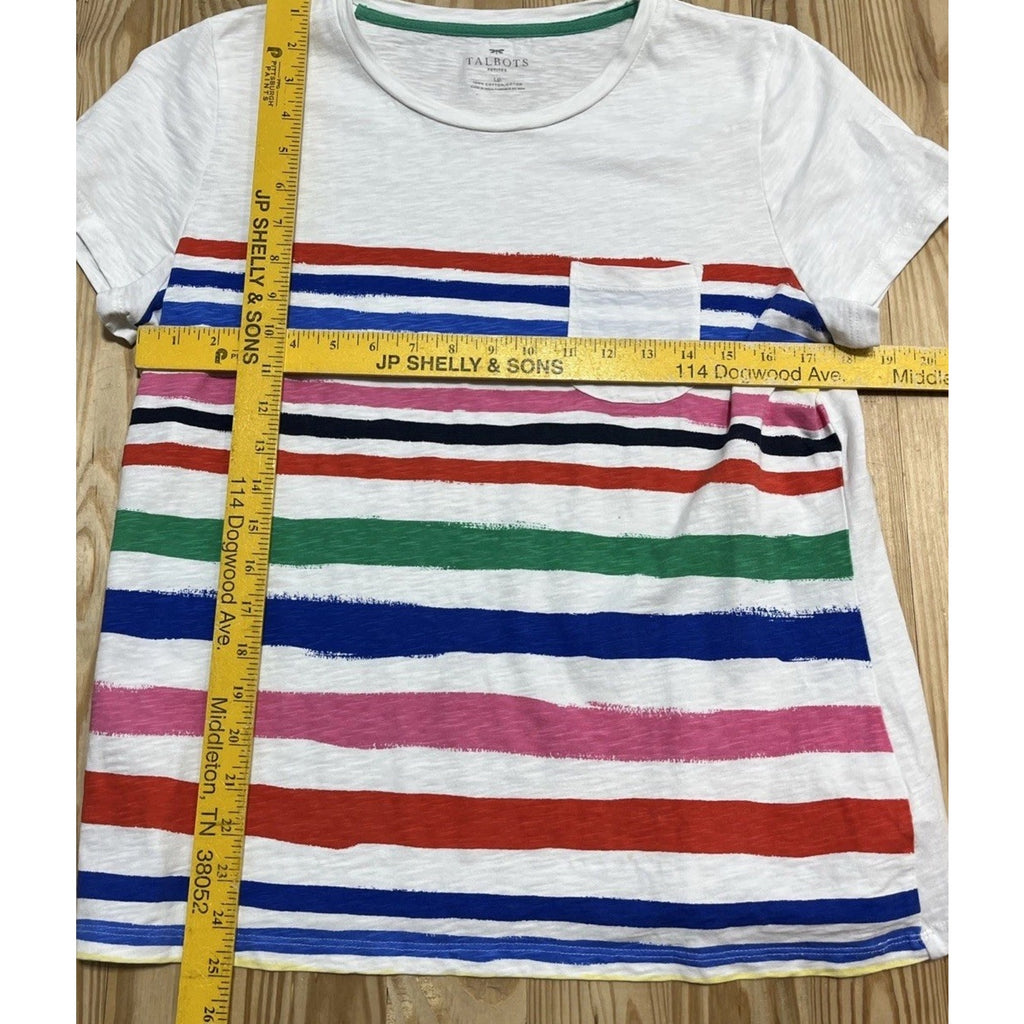 TALBOTS Woman SZ LP White 100% Cotton Multi Color Stripe Short Sleeve