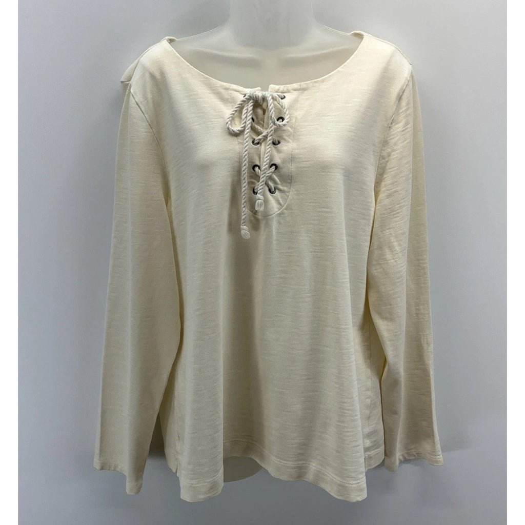 Talbots Cream Drop Shoulder nautical lace up neckline long sleeve cotton top XL