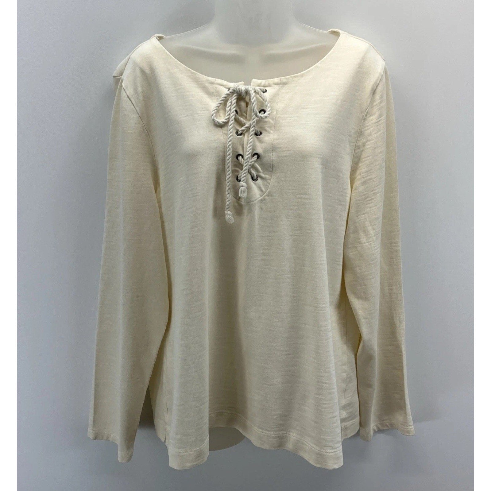Talbots Cream Drop Shoulder nautical lace up neckline long sleeve cotton top XL