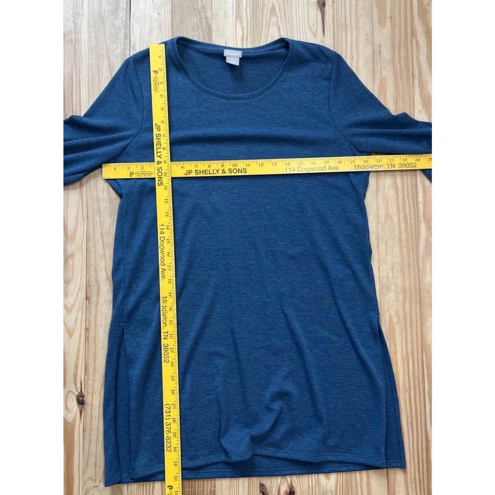 Chico's Size 1 M Blue Tunic Top Blouse 3/4 Long Sleeve Women Soft Rayon Spandex