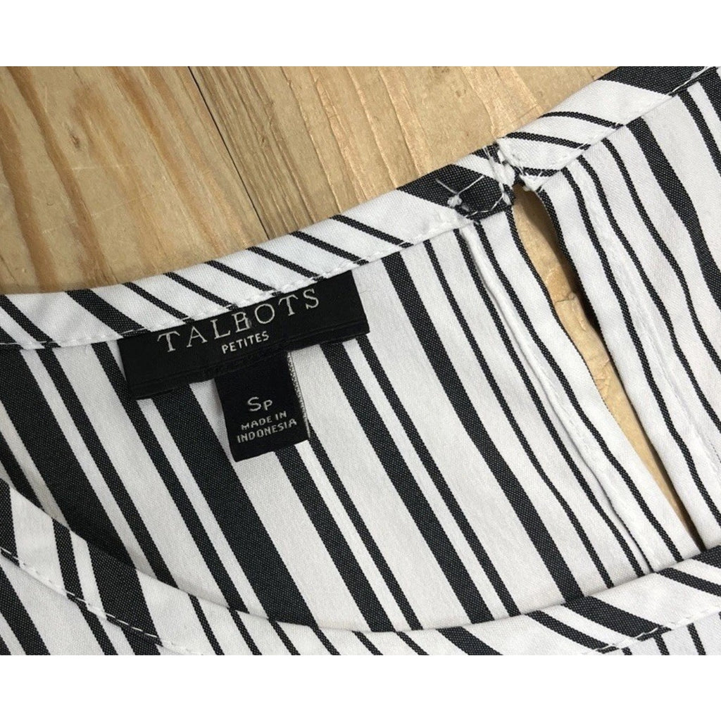 Talbots Tie Side Blouse Petite Size Small White Black Stripe Long Sleeve *