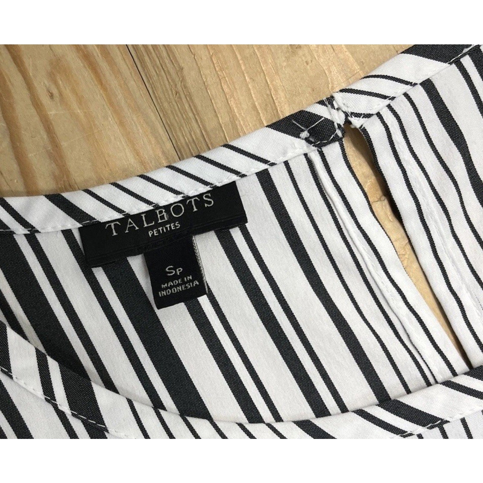 Talbots Tie Side Blouse Petite Size Small White Black Stripe Long Sleeve *