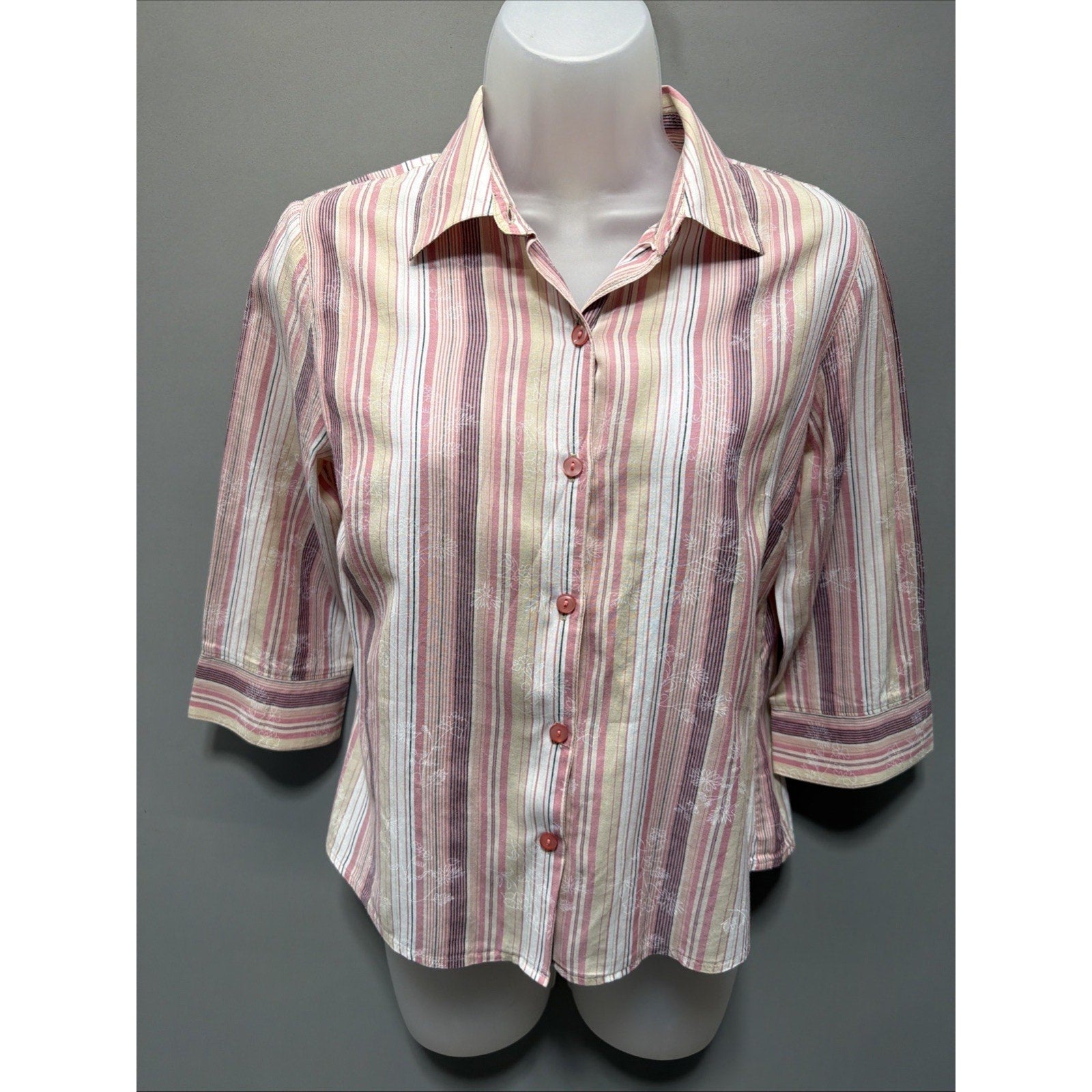 Madison & Max Womens Floral Design Striped LButton Down Blouse Size 4 Petite