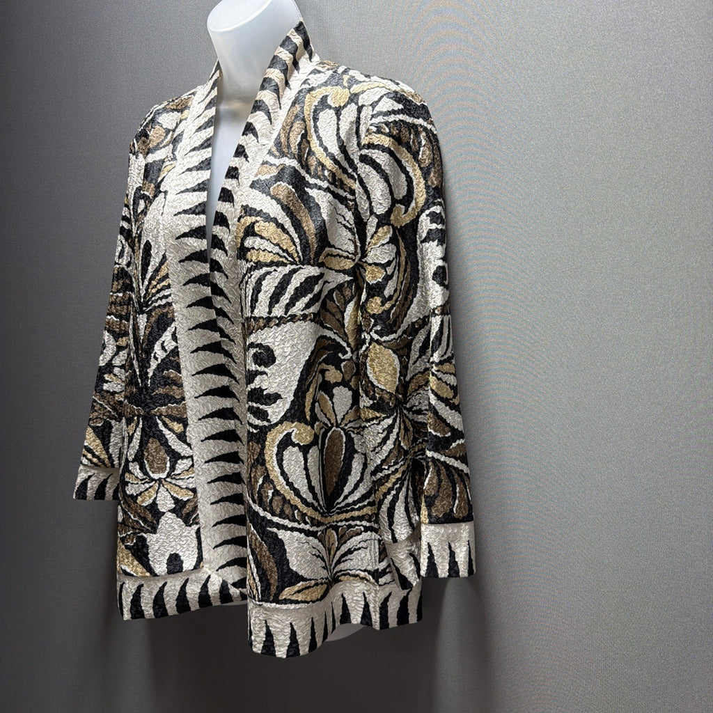 CHICOS TRAVELERS 2 Womens Jacket Open Crush Printed Contrast Trim Bohemian LARGE