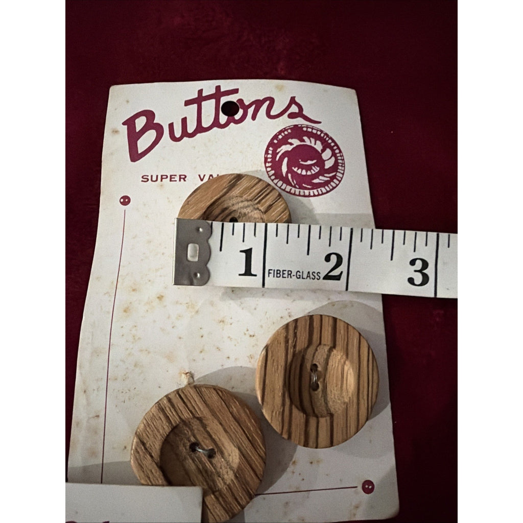 Vintage Brown Wood Buttons 4 Hole 1 1/4” Large Sewing Craft Original Card NOS