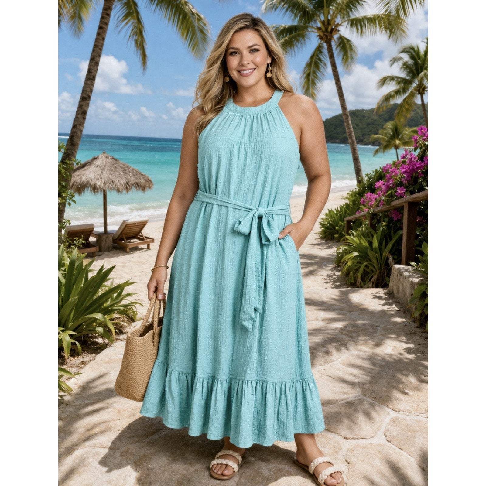 Calvin Klein Dress Size 10 Aqua Blue Sleeveless Tie Waist Midi Maxi Textured