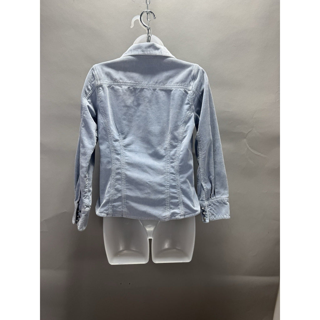 Womens Small Light Blue Stretch Corduroy Snap Front Shirt Jacket Fitted Western